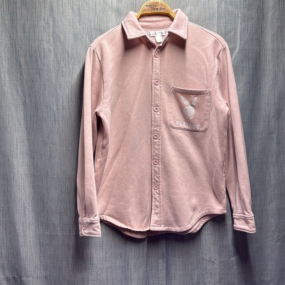 🏴 PLAYBOY Pink Casual Button down sweater size small - Picture 2 of 10